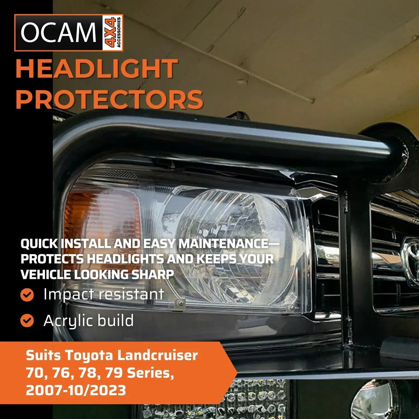 OCAM Headlight Protectors for Toyota Landcruiser 70, 76, 78, 79 Series, 2007-10/2023, Lamp Covers – additional photo